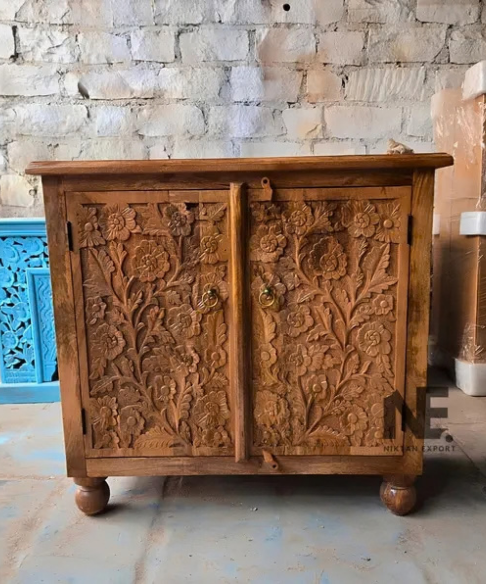 Rustic floral carved wooden sideboard