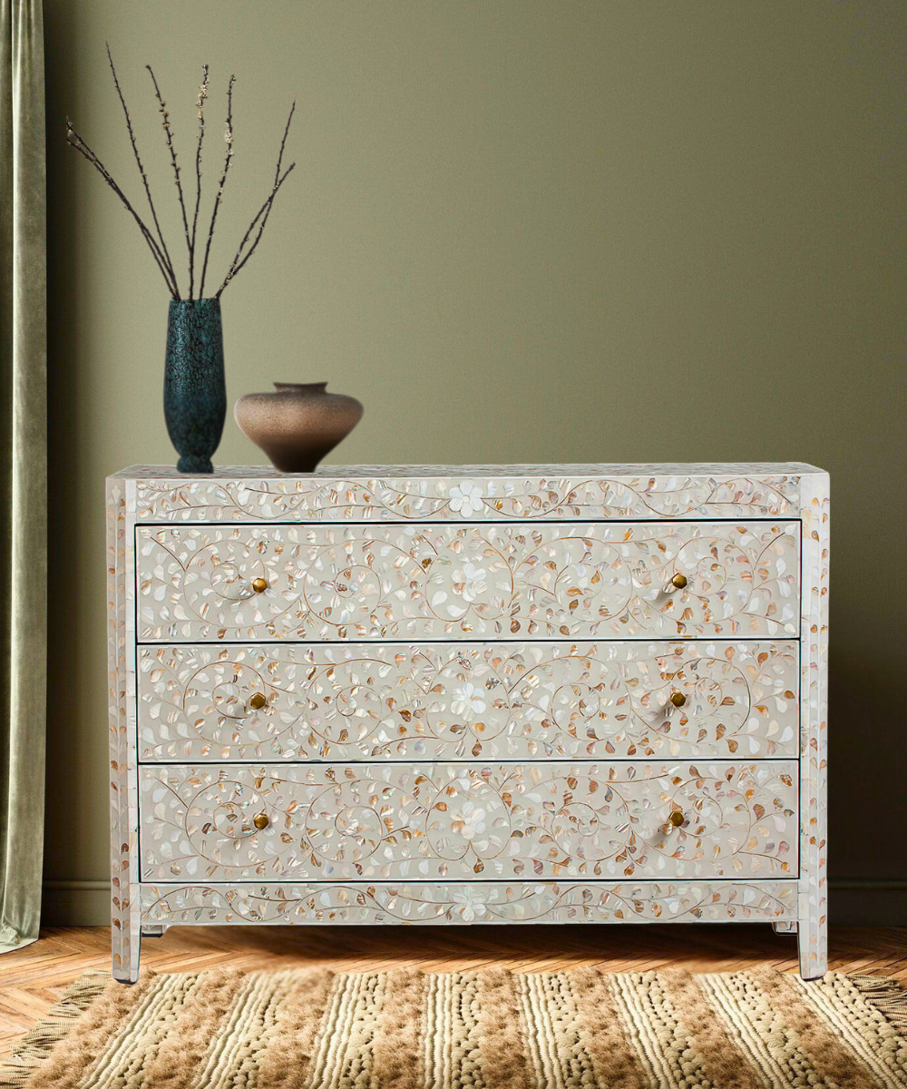 Mother of Pearl Inlay Chest 3 Drawer White Floral Dresser (Handmade) Mother of Pearl Inlay Chest 3 Drawer White Floral Dresser (Handmade)