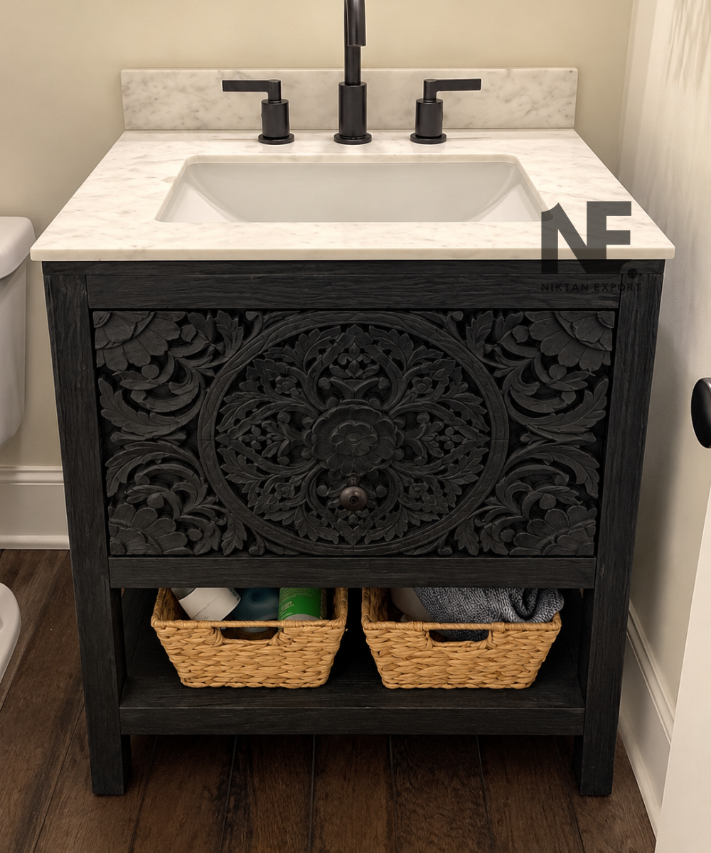 Carved wooden bathroom vanity with white countertop and open shelf