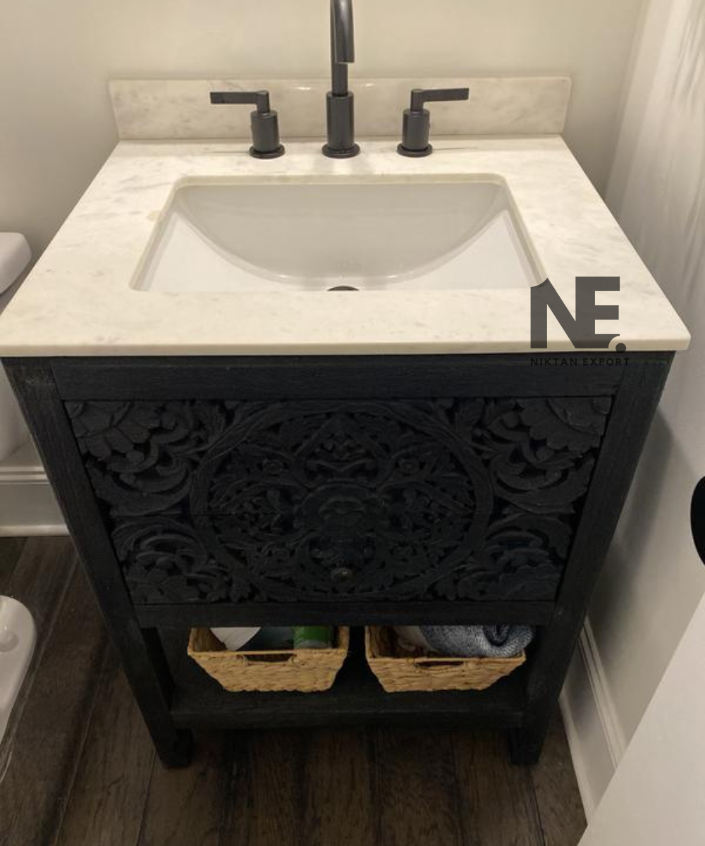 Front view of dark charcoal bathroom vanity with floral carving