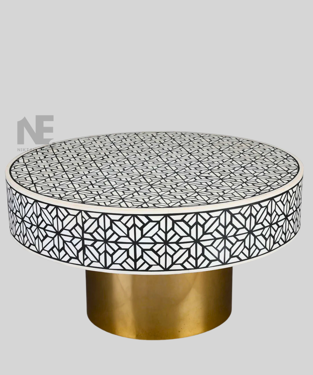 Bone inlay coffee table with brass base - front view