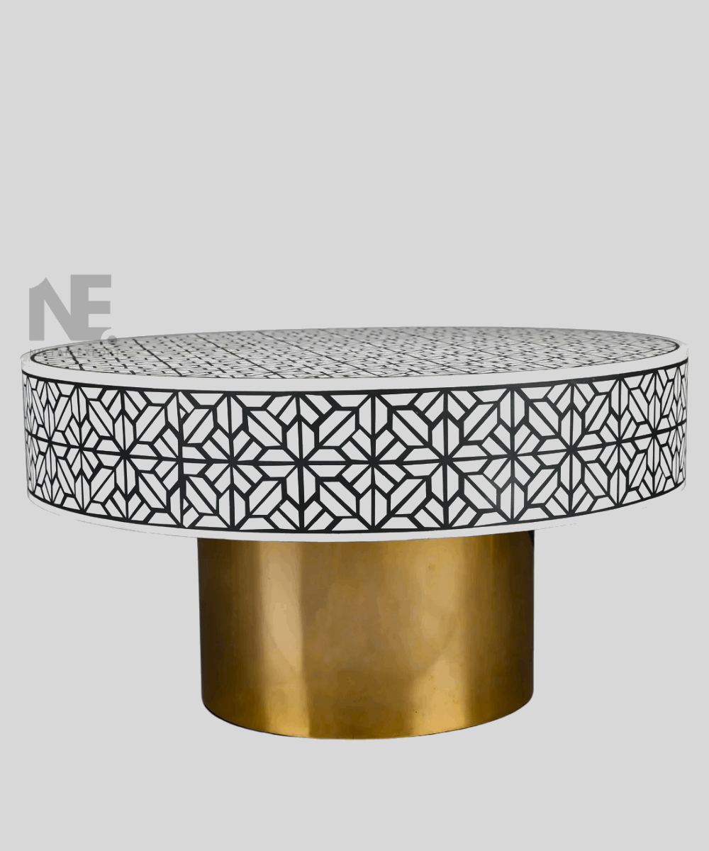 Handcrafted bone inlay detail on table top