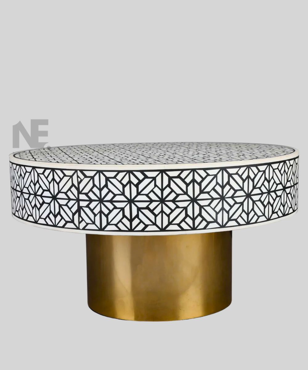 Handcrafted bone inlay detail on table top