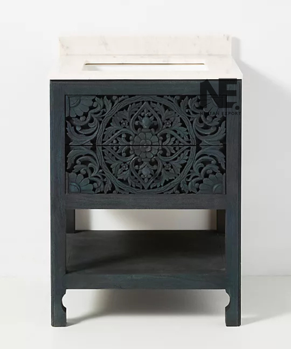 Ornate wooden bathroom vanity with circular floral medallion