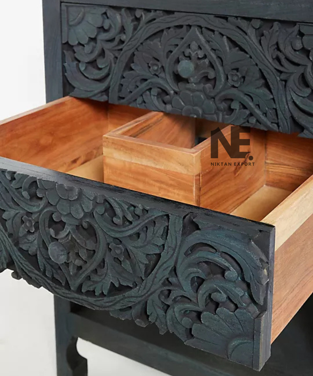 Dark carved bathroom cabinet with white sink countertop