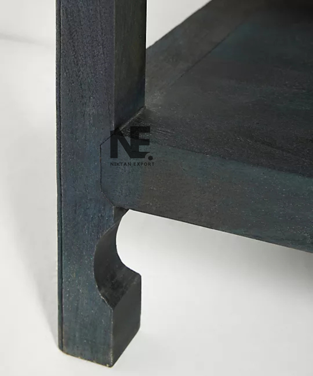 Charcoal wooden vanity with open lower storage shelf
