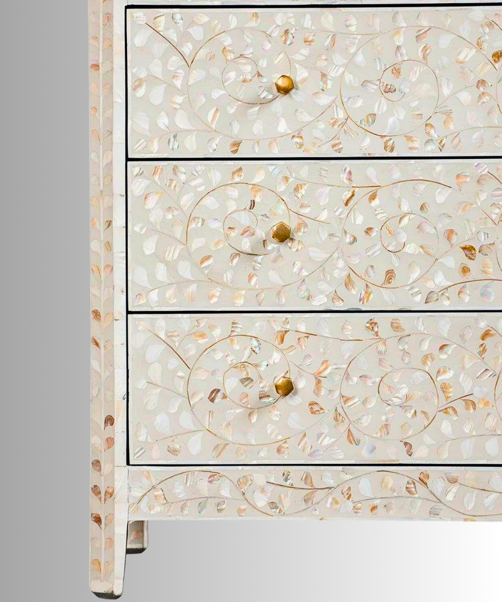 Mother of Pearl Inlay Chest 3 Drawer White Floral Dresser (Handmade) Mother of Pearl Inlay Chest 3 Drawer White Floral Dresser (Handmade)
