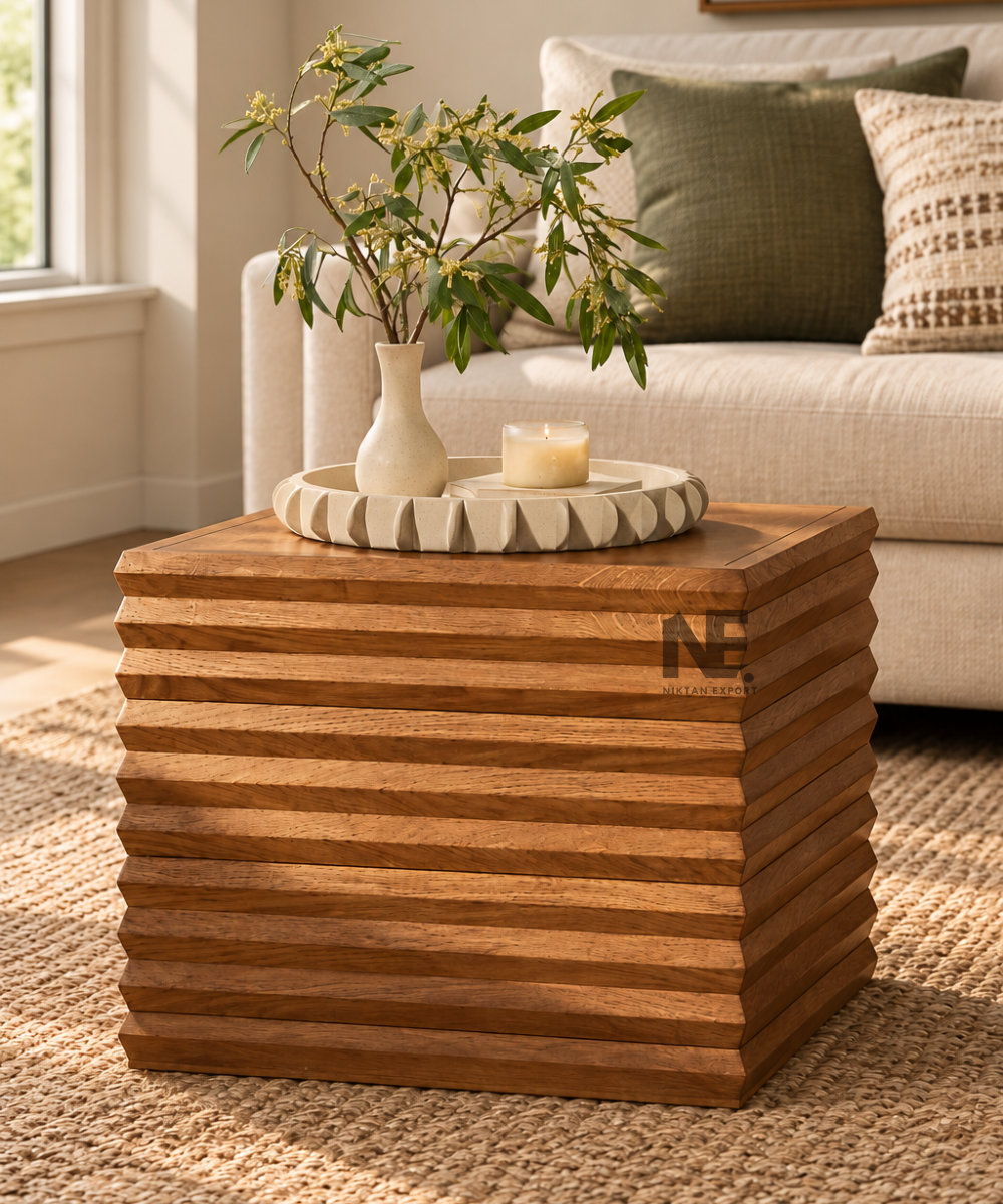 Front view of brown wooden accent coffee table