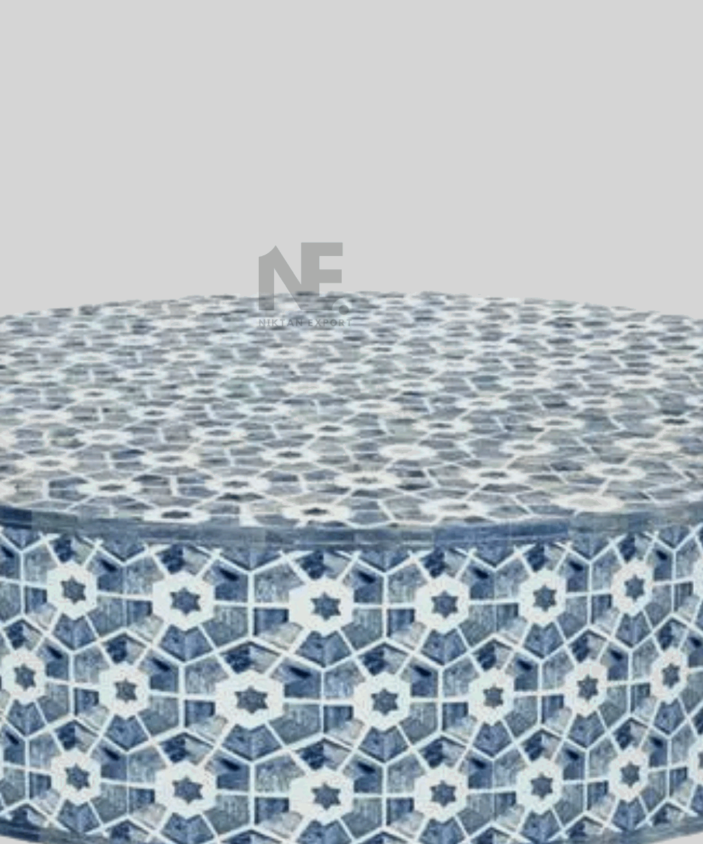 Blue inlay table with brass base - front view