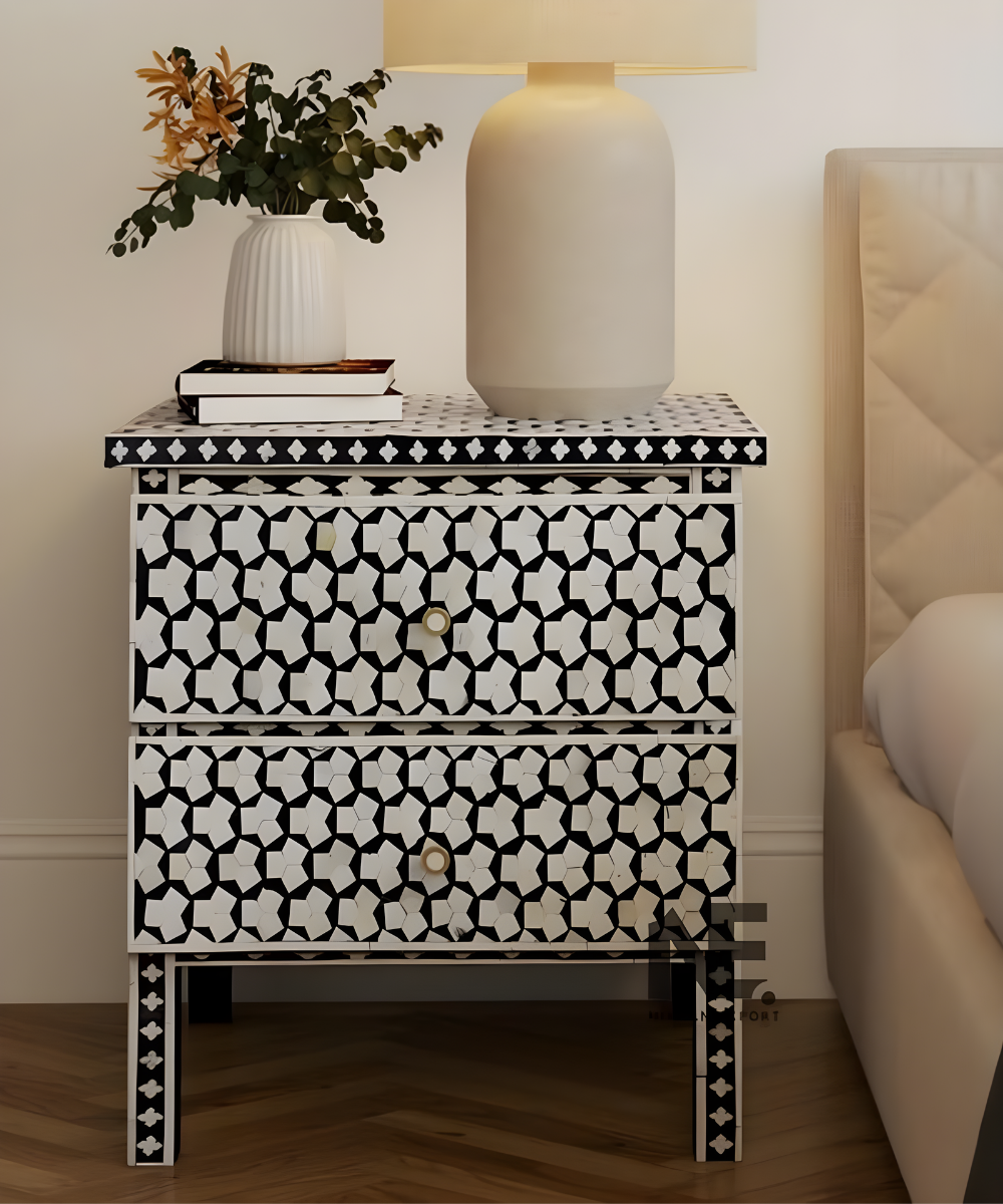Geometric Bone Inlay Bedside Table Handmade Solid Wood Nightstand