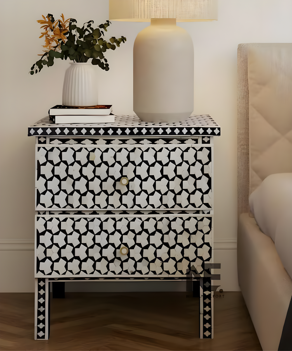 Geometric Bone Inlay Bedside Table Handmade Solid Wood Nightstand