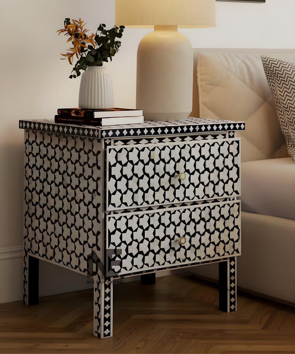 Geometric Bone Inlay Bedside Table Handmade Solid Wood Nightstand