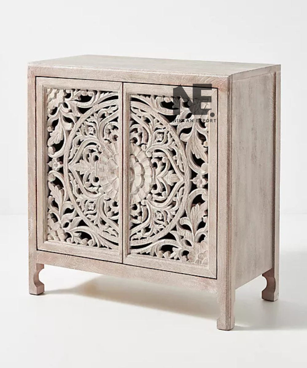 Floral cutout doors on a decorative wooden storage cabinet