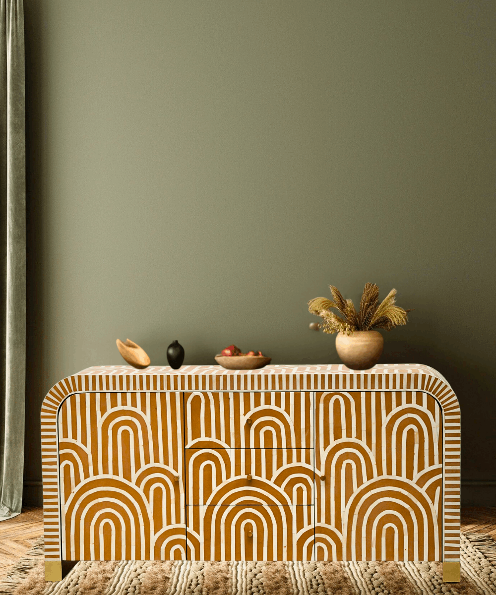 A stunning Bone Inlay Curved Sideboard with an elegant almond arch design, featuring 3 drawers and 2 doors.