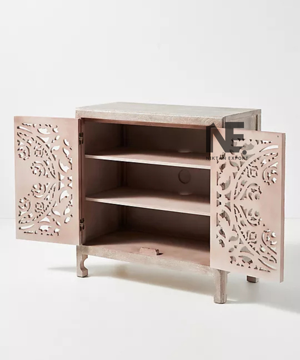 Carved Wooden Cabinet with Floral Cutout Doors and Shelves