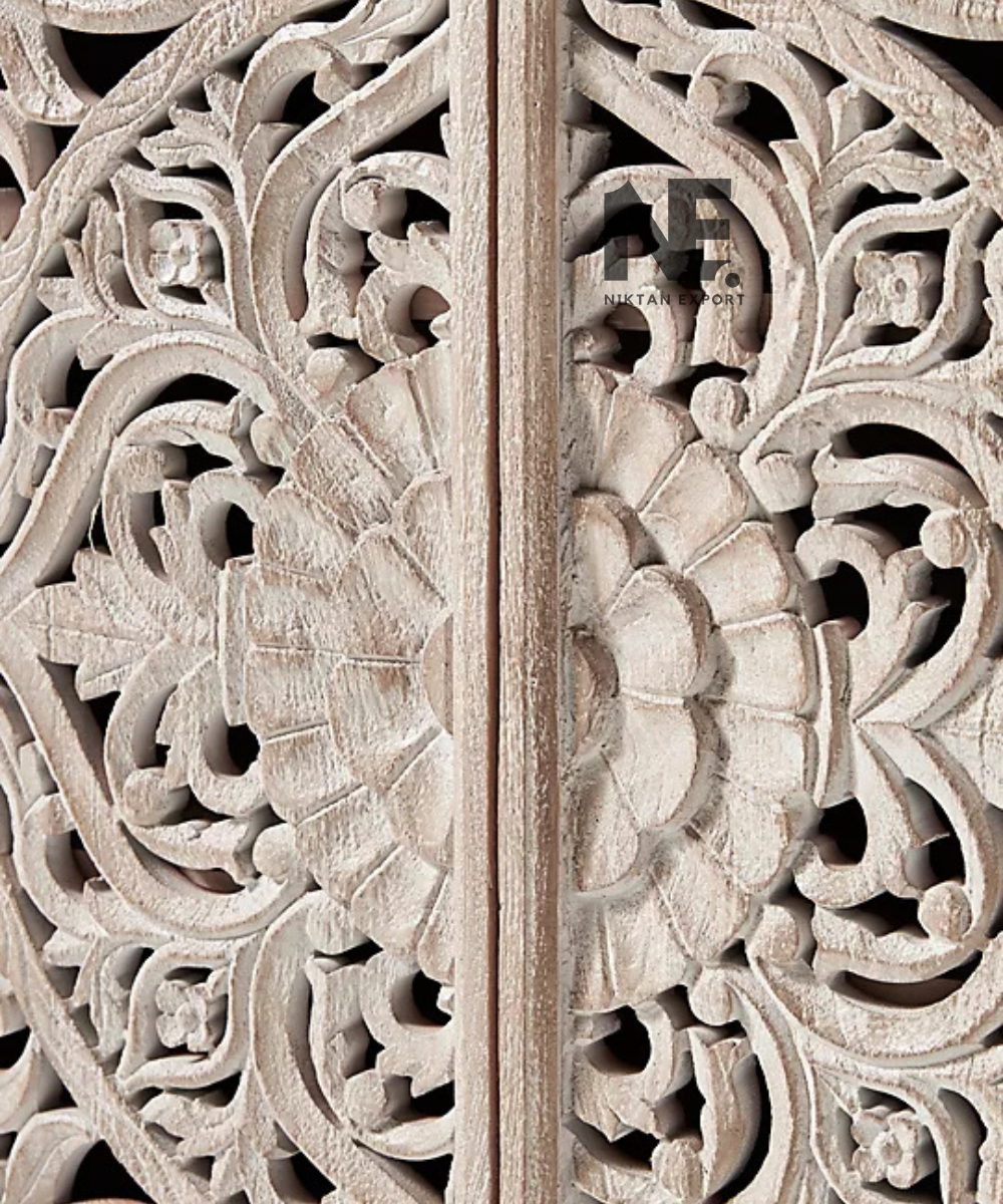 Light beige carved cabinet for living room storage