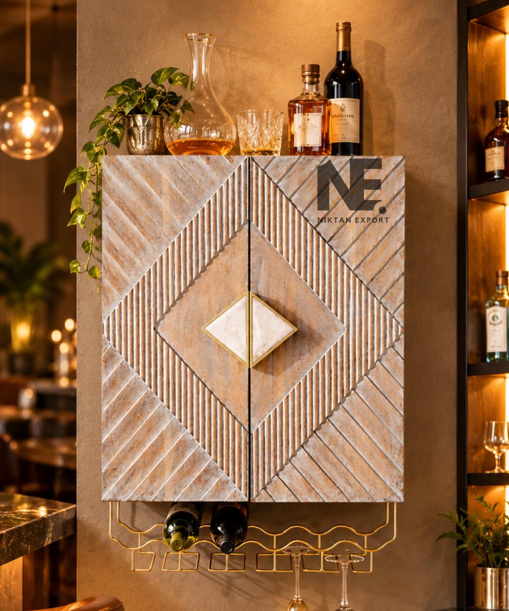 Geometric wooden wall wine cabinet with whitewashed finish