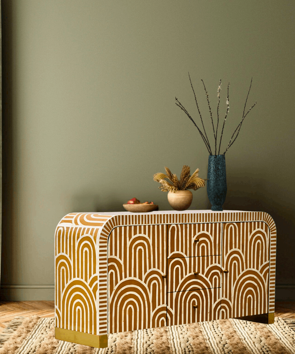  Close-up of the intricate bone inlay craftsmanship.