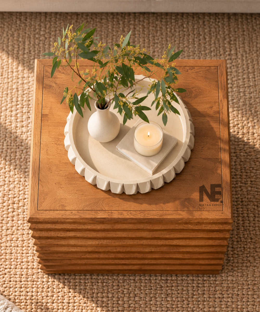 Square wooden coffee table with geometric sides