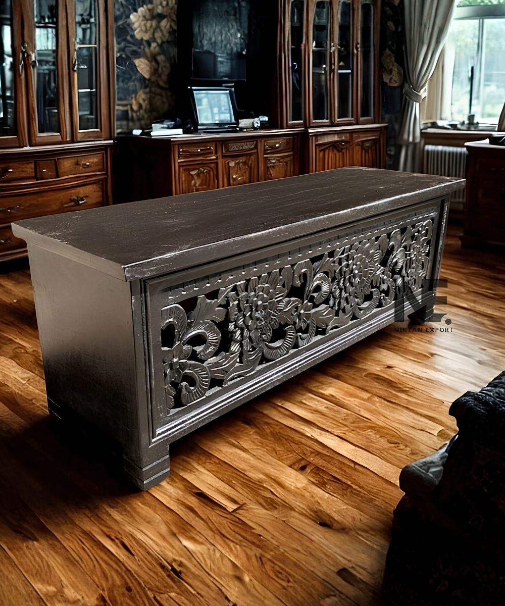 Hand-carved mango wood storage trunk