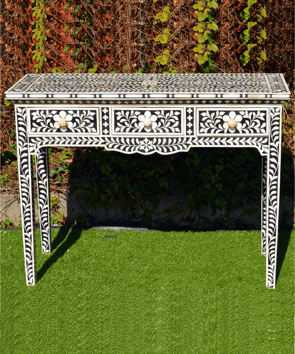 Bone Inlay Console Table – Elegant Black Floral Design