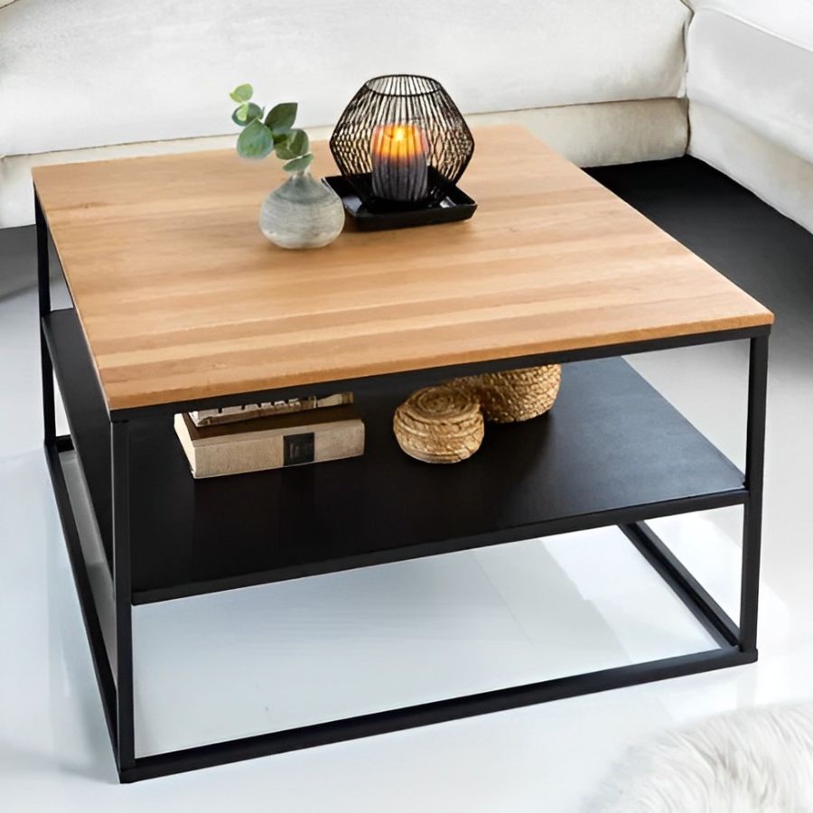 Industrial Coffee Table APARTMENT 70cm Oak Oiled Black Metal With Shelf - NikTan Export