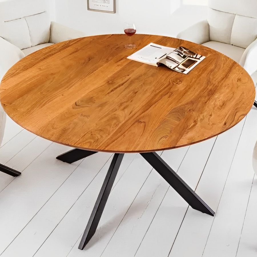 Acacia Wood With Metal Round Natural Dining Table 130cm Star Frame - NikTan Export