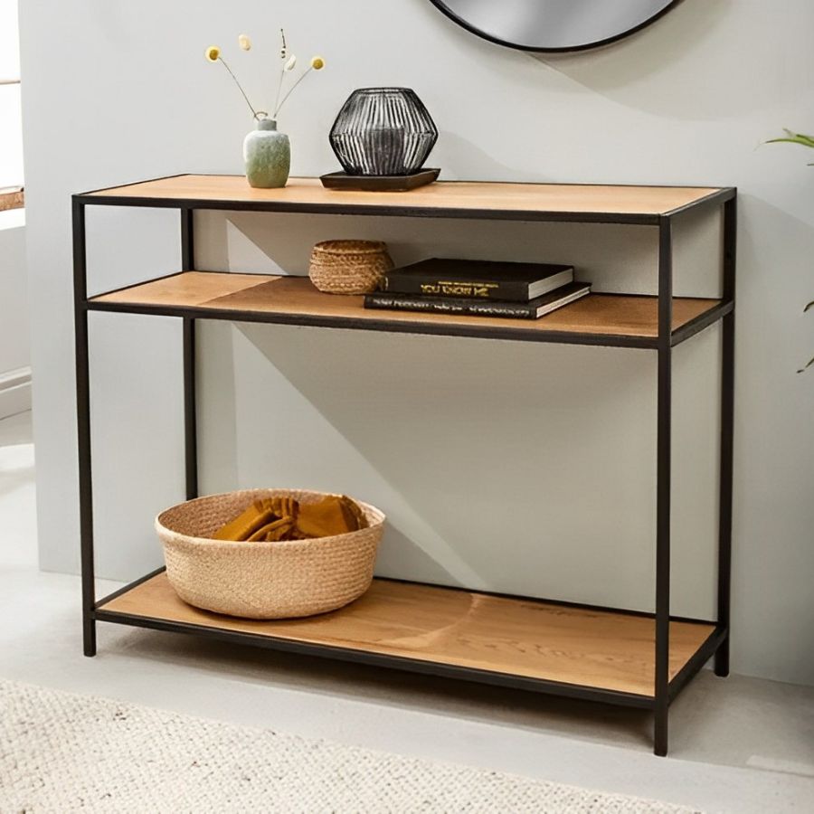 Industrial Solid Wood Console Table Black With Three Shelves 100cm - NikTan Export