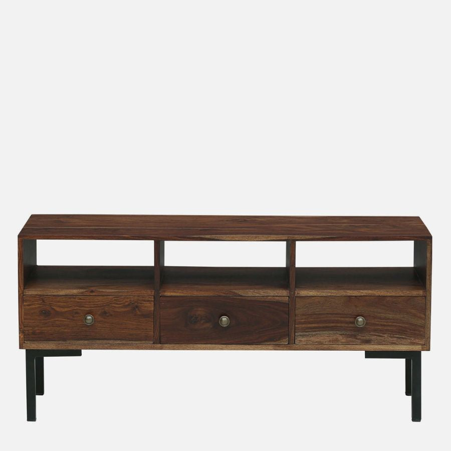 Jhalamand Sheesham Wood TV Console In Rustic Teak Finish For TVs Up To 43"