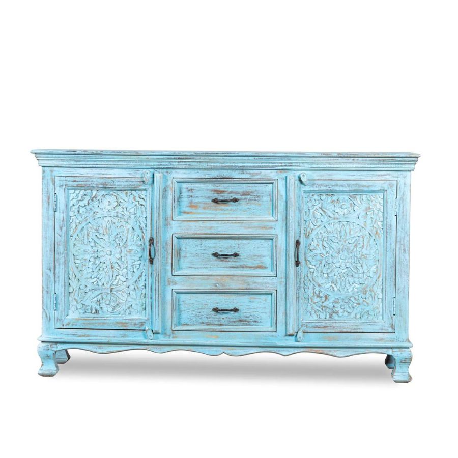 Floral Carved Sky Blue Finish Jodhpur Sideboard - NikTan Export