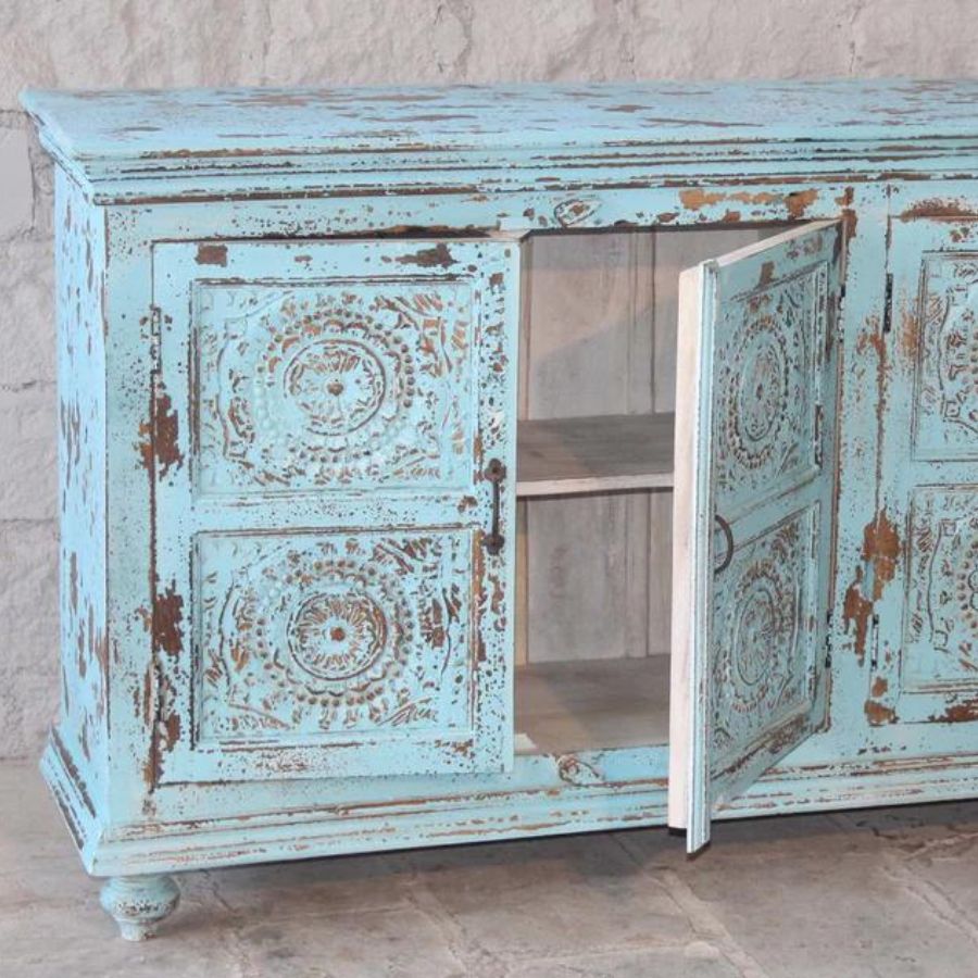 Ghera Style Carved Blue Antique Sideboard - NikTan Export