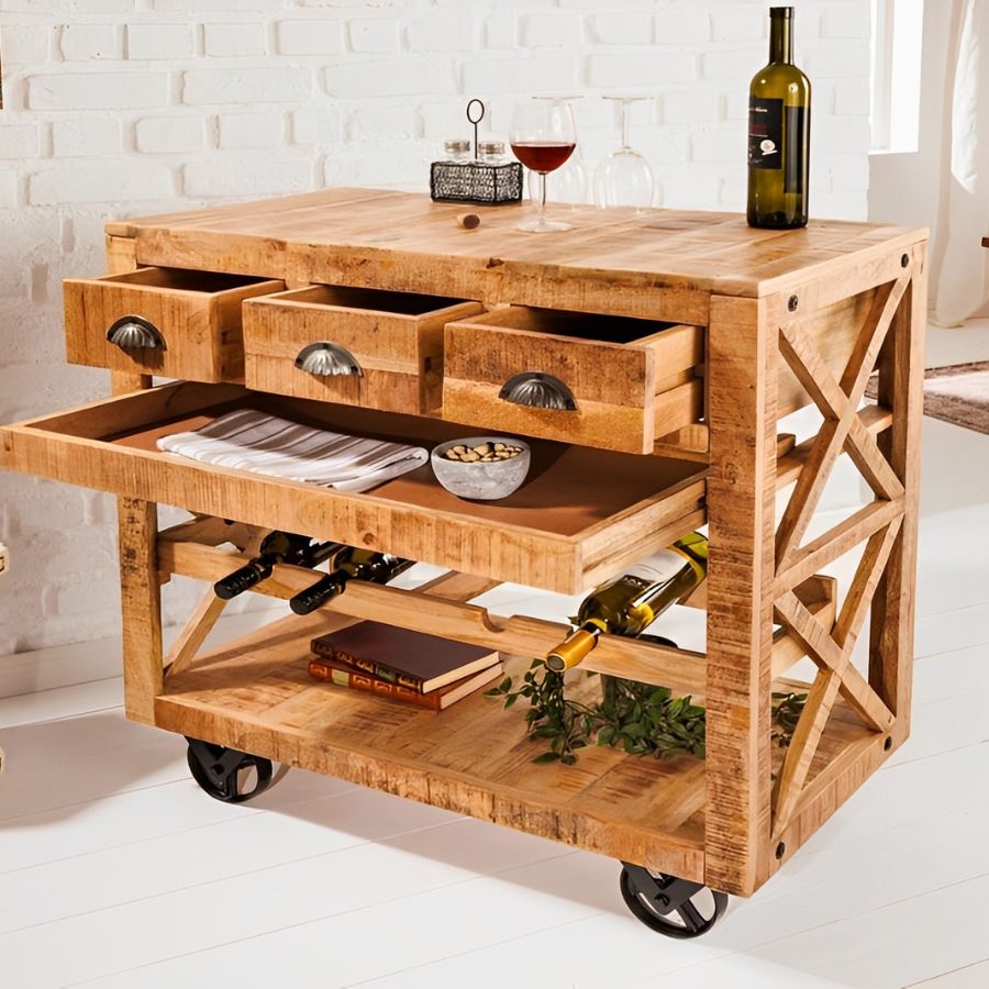 Solid Wood Trolley Industrial Bar Cabinet BODEGA