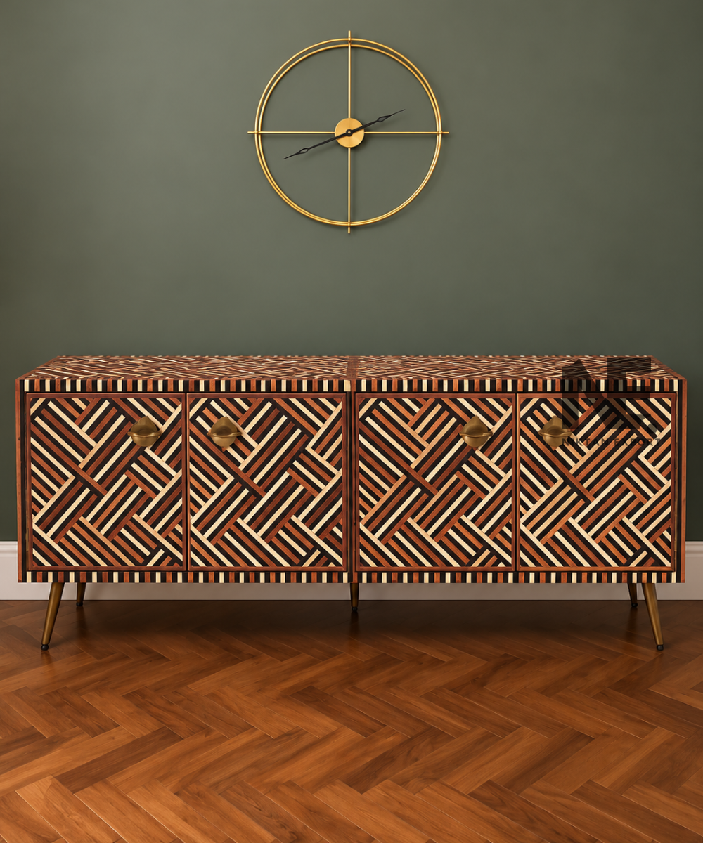 Geometric inlay wooden sideboard with four cabinet doors