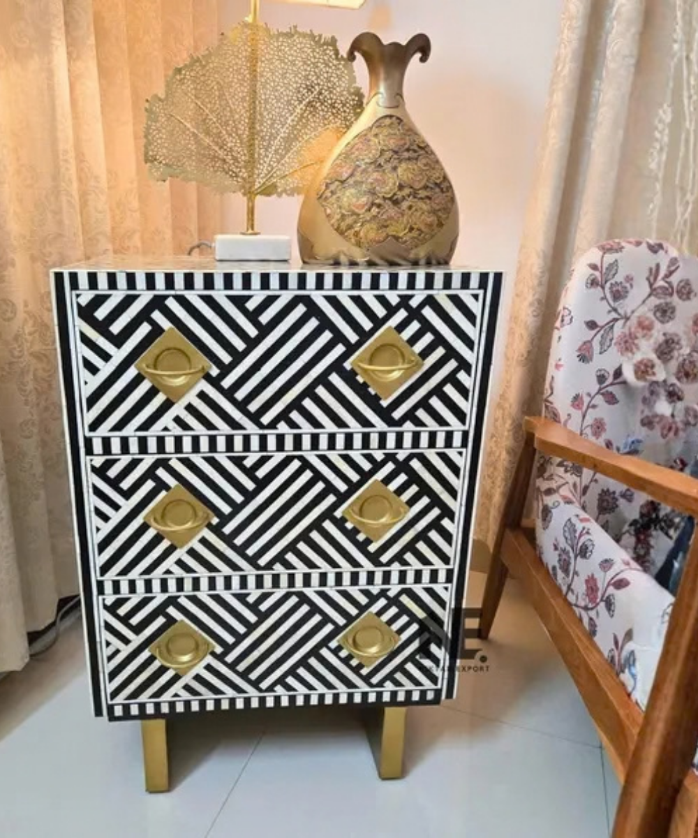 Handmade bone inlay 3-drawer bedside table