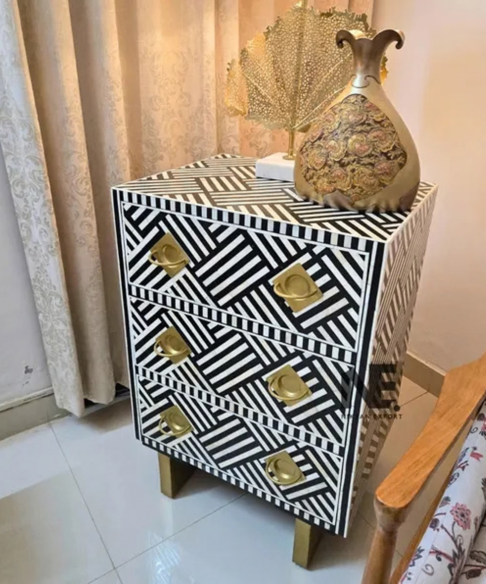 Black and white geometric bone inlay nightstand