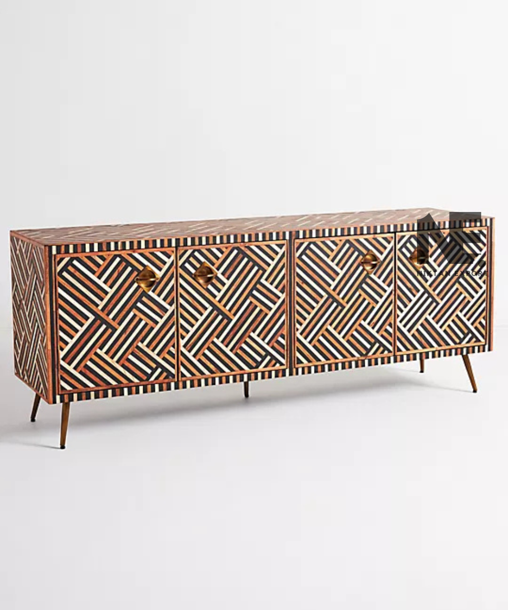 Four door wooden credenza with contrasting inlay design