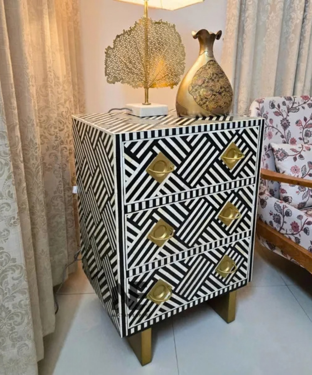 Bone inlay bedside table with three drawers