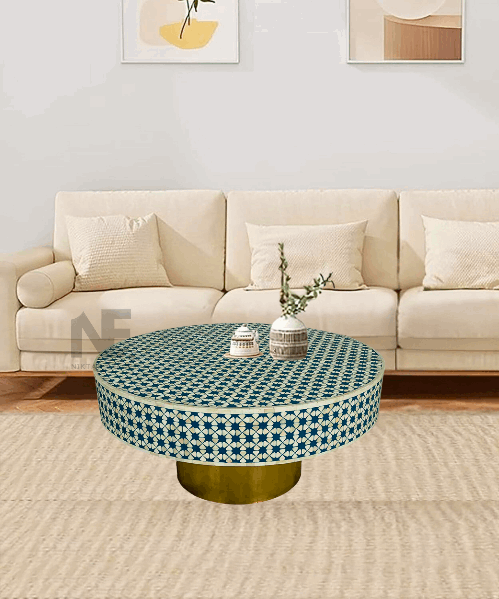 Indigo round bone inlay coffee table full view