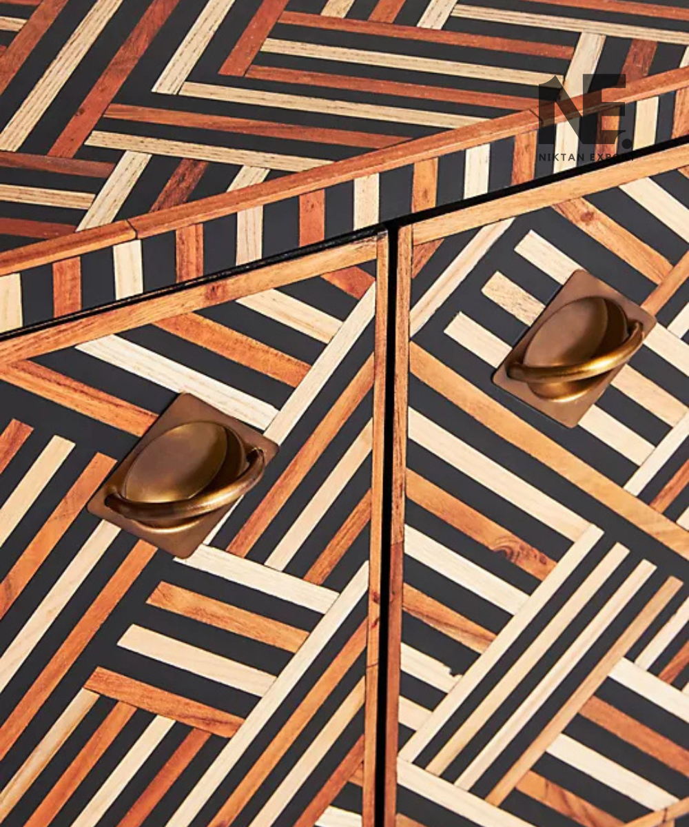 Full front view of geometric inlay credenza