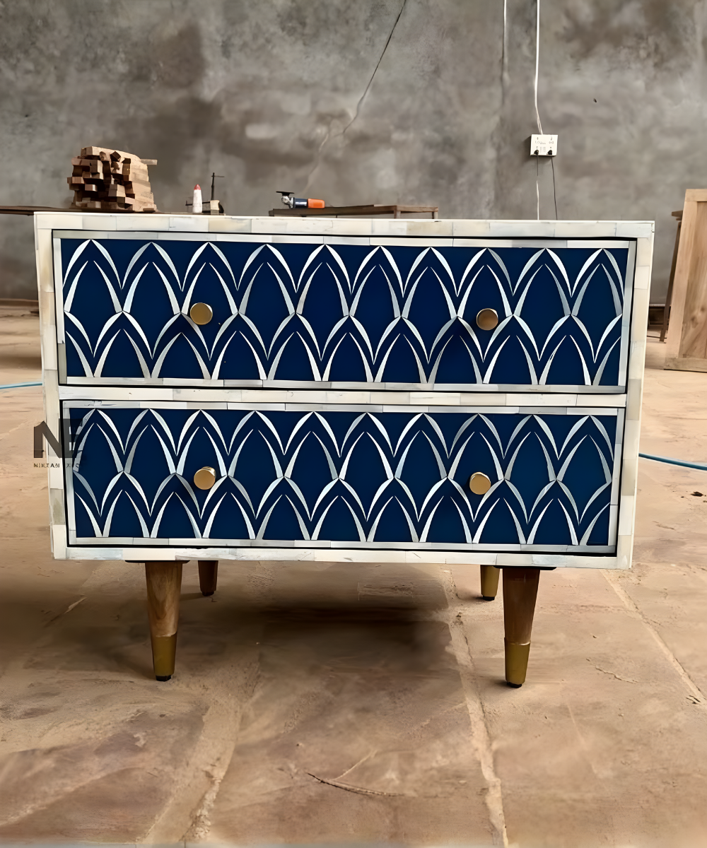 Blue Floral Bone Inlay Bedside Table Handmade 2-Drawer Nightstand