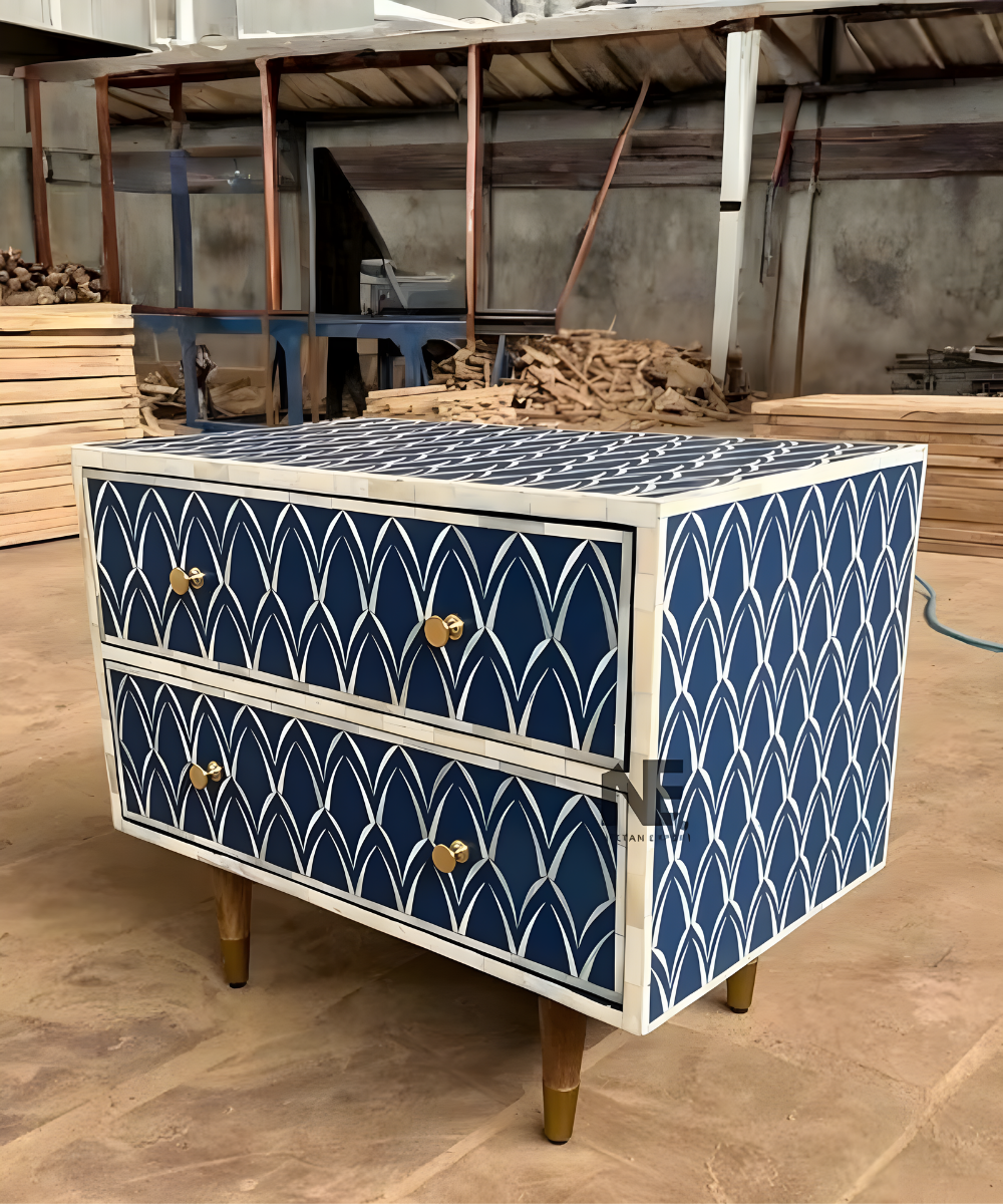 Blue Floral Bone Inlay Bedside Table Handmade 2-Drawer Nightstand