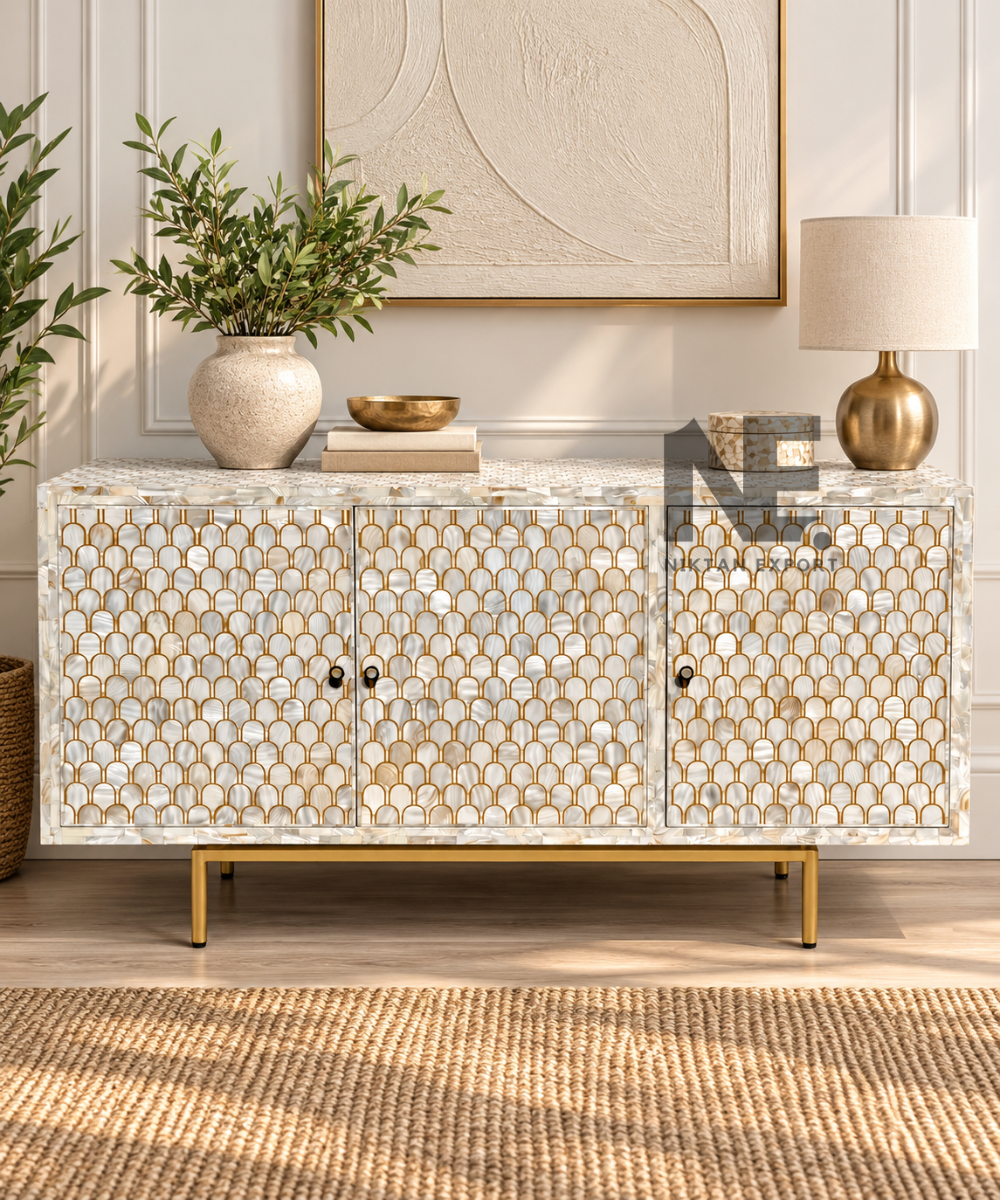 Mother of Pearl 3-Door Sideboard – Scallop Inlay Cabinet