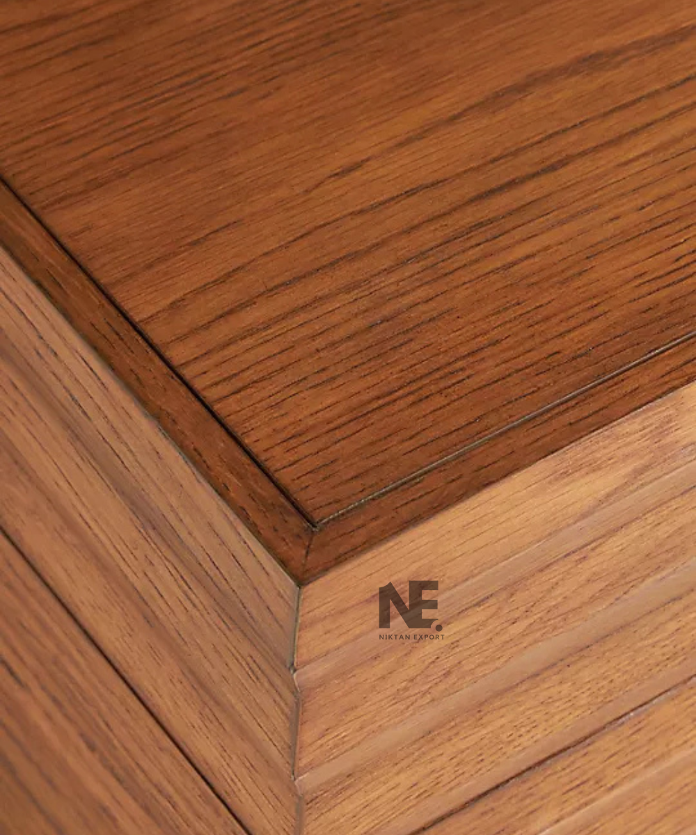 Close-up of layered wood detailing on coffee table
