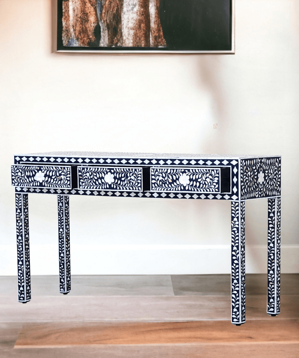 Niktan Export Mother of Pearl 3 Drawer Console Table Navy Floral - NikTan Export