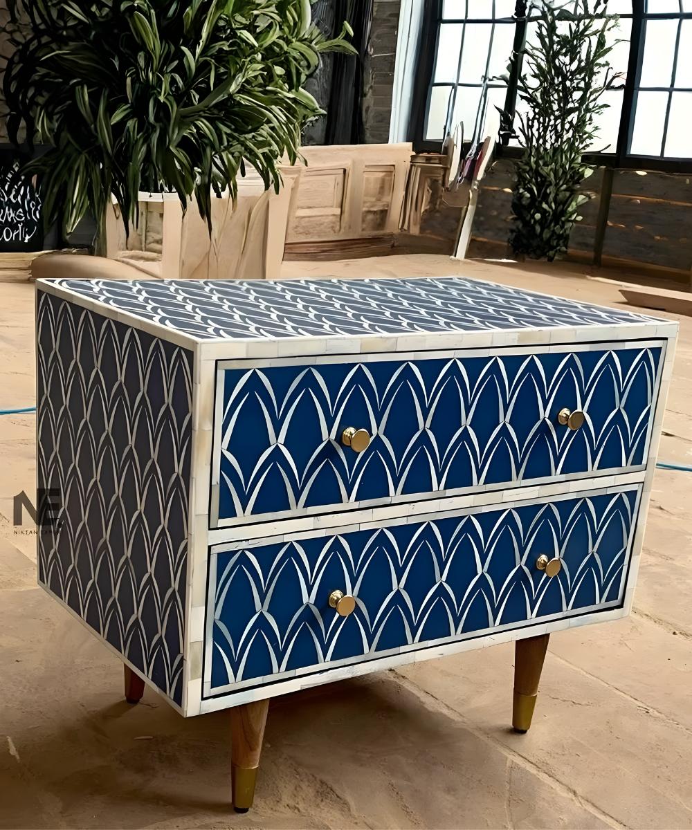 Blue Floral Bone Inlay Bedside Table Handmade 2-Drawer Nightstand