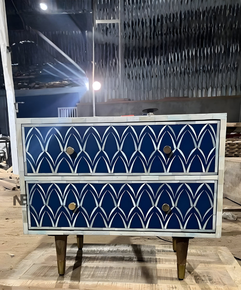 Blue Floral Bone Inlay Bedside Table Handmade 2-Drawer Nightstand
