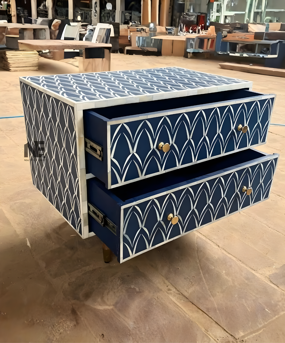 Blue Floral Bone Inlay Bedside Table Handmade 2-Drawer Nightstand
