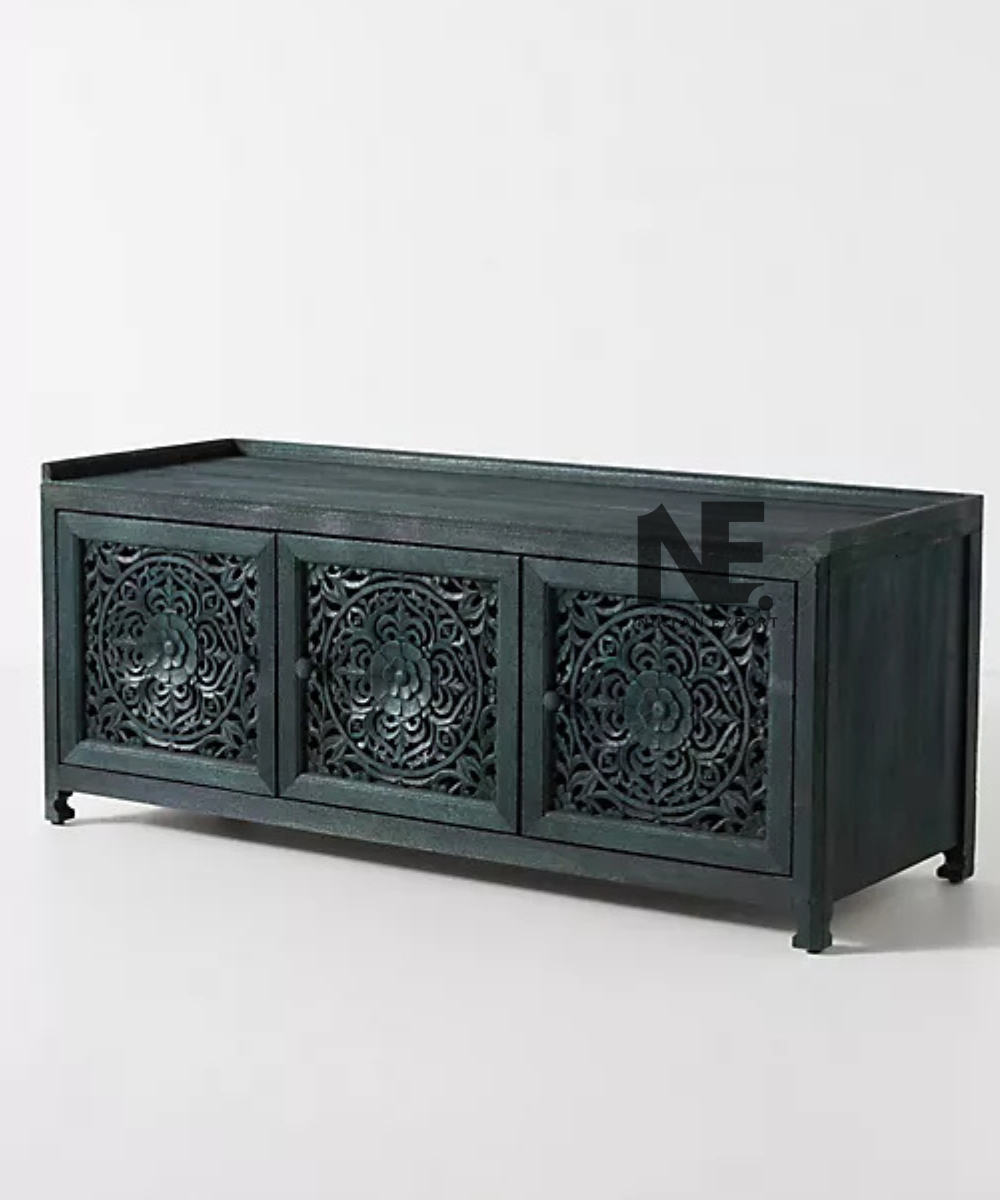 Three-panel floral design on a wooden seating bench