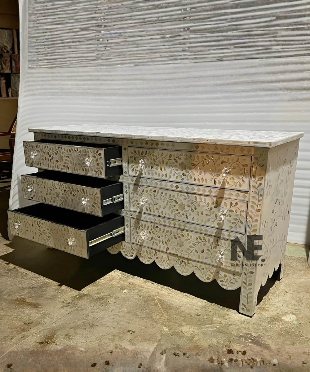 White floral inlay mango wood dresser