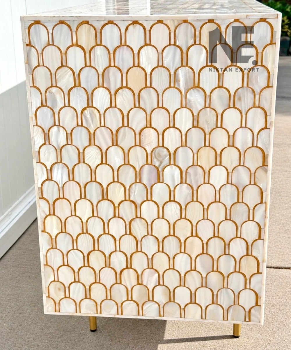 Mother of Pearl 3-Door Sideboard – Scallop Inlay Cabinet